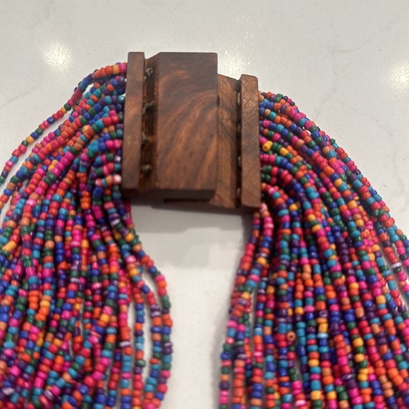 Vinatge Wood Hook Clasp Multicolor Tribal Native Beaded Boho necklace - Picture 2 of 7